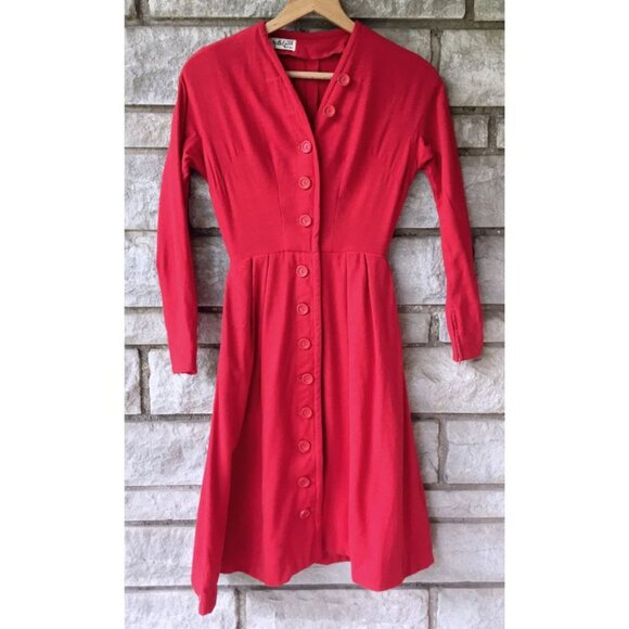 Vintage 50s Cherry Red Button Down Wool Dress - Picture 1 of 6